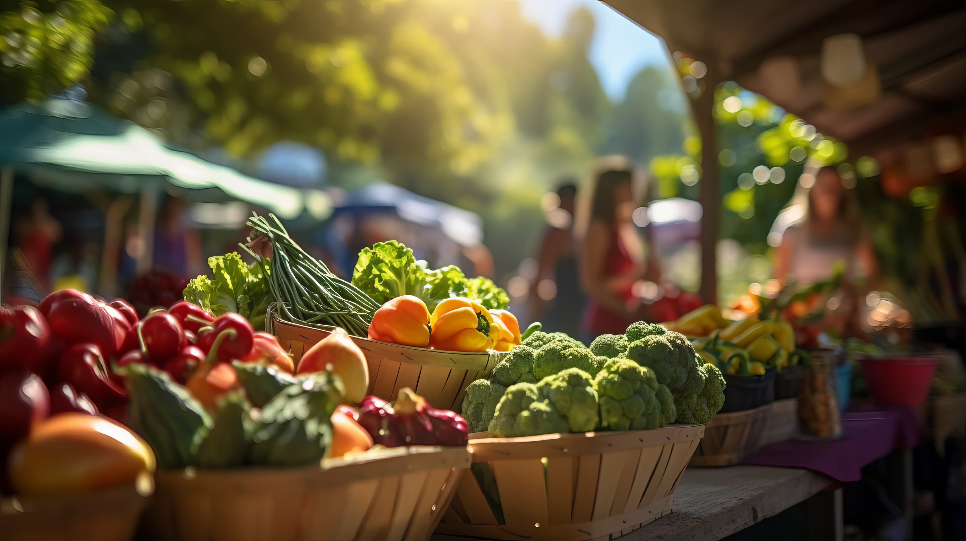 Baskets of fresh produce on a sunlit farmers market table, vendors and stalls behind