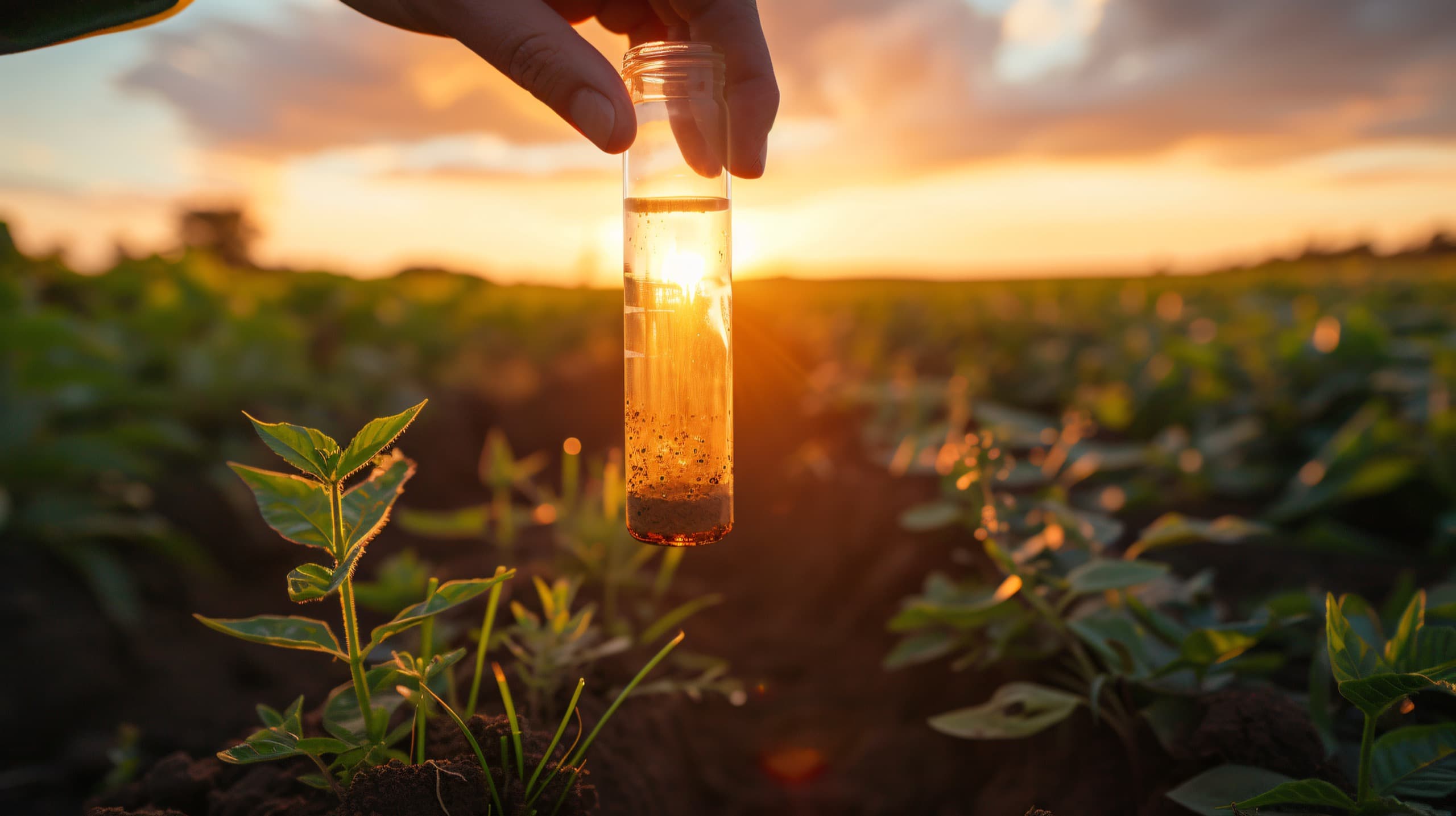 A hand holding a glass soil-test vial in a crop field at sunset
