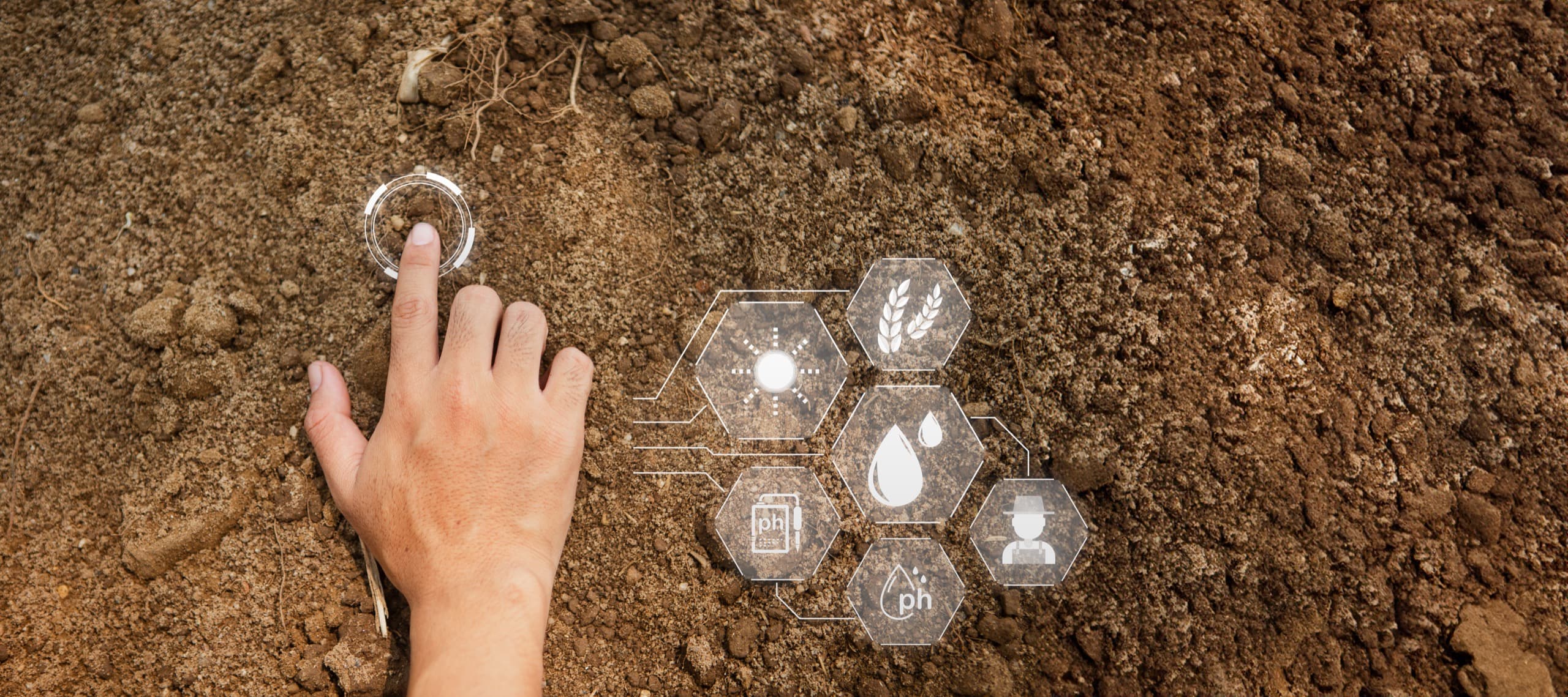 A hand resting on bare soil with a digital overlay of soil-data icons — pH, moisture, plant health
